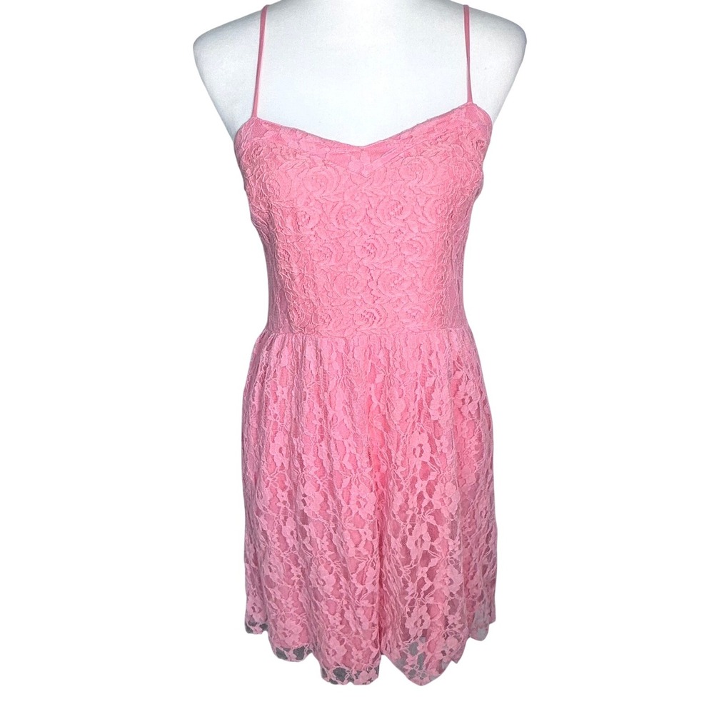 FRENCHI NORDSTROM Women's Large Pink Floral Lace Mini Dress Sweetheart Smocked